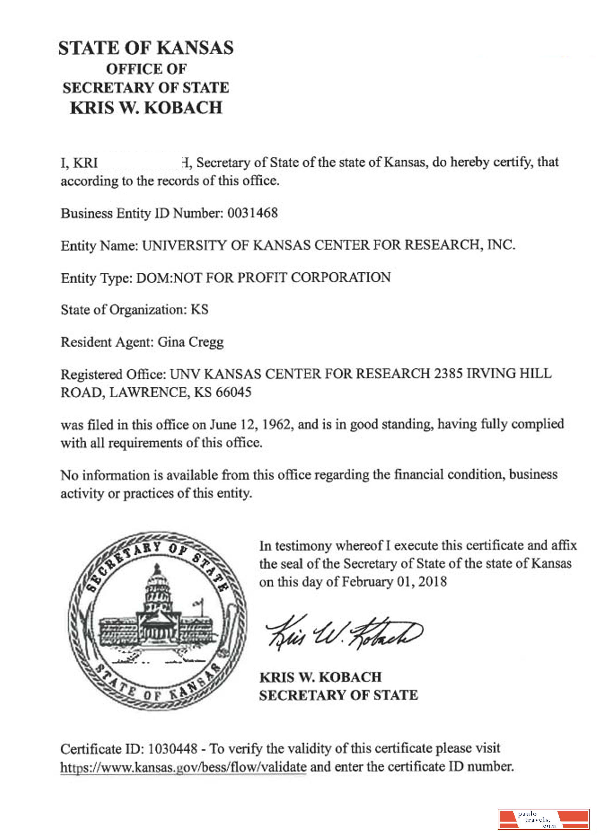 USA Kansas certificate of good standing